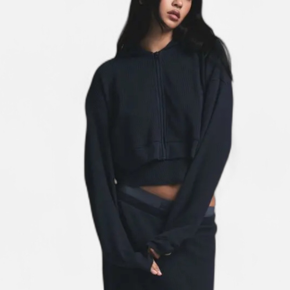 SKIMS *NWT HEAVY WAFFLE CROPPED ZIP•UP HOODIE | COLOR: NAVY | SIZE: S